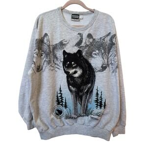Vintage Northern Elements Mens Wolf Graphic Sweatshirt Gray L Wildlife Print AOP